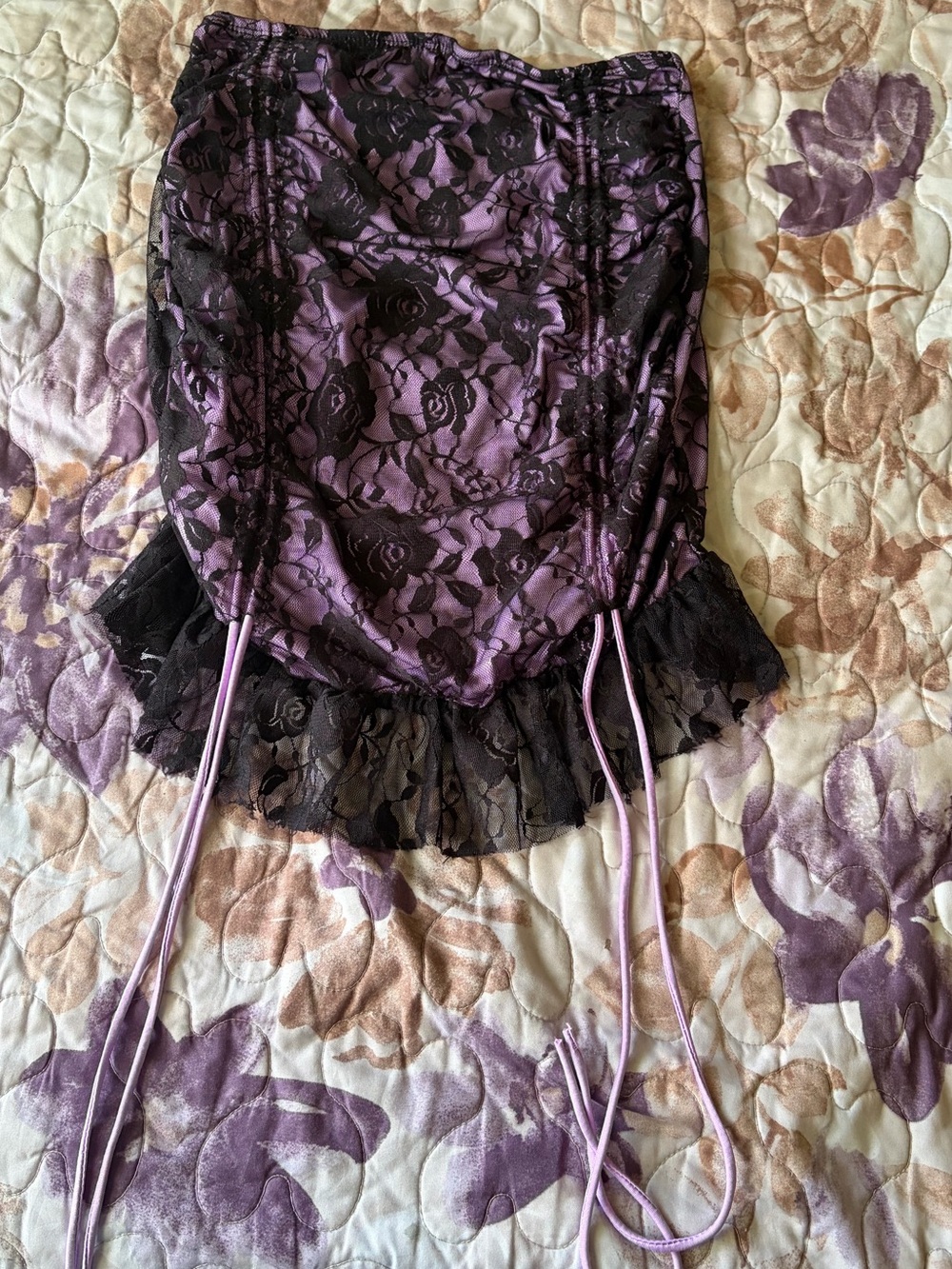 Purple Lace-Overlay Slip skirt with Black Ruffle Trim
